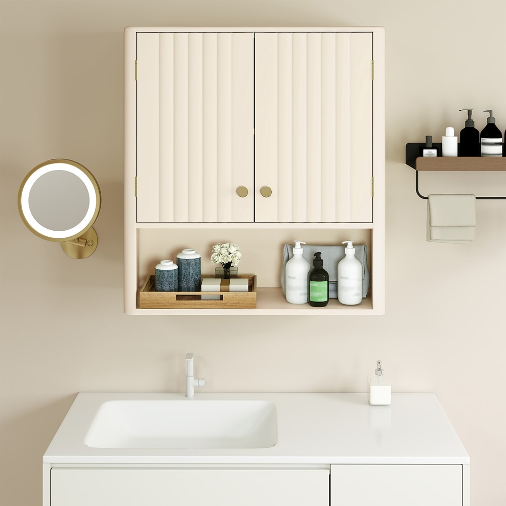The wall cabinet mounted above a sink with toiletries on the shelf