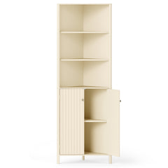 The corner cabinet with its door open, showing shelves inside