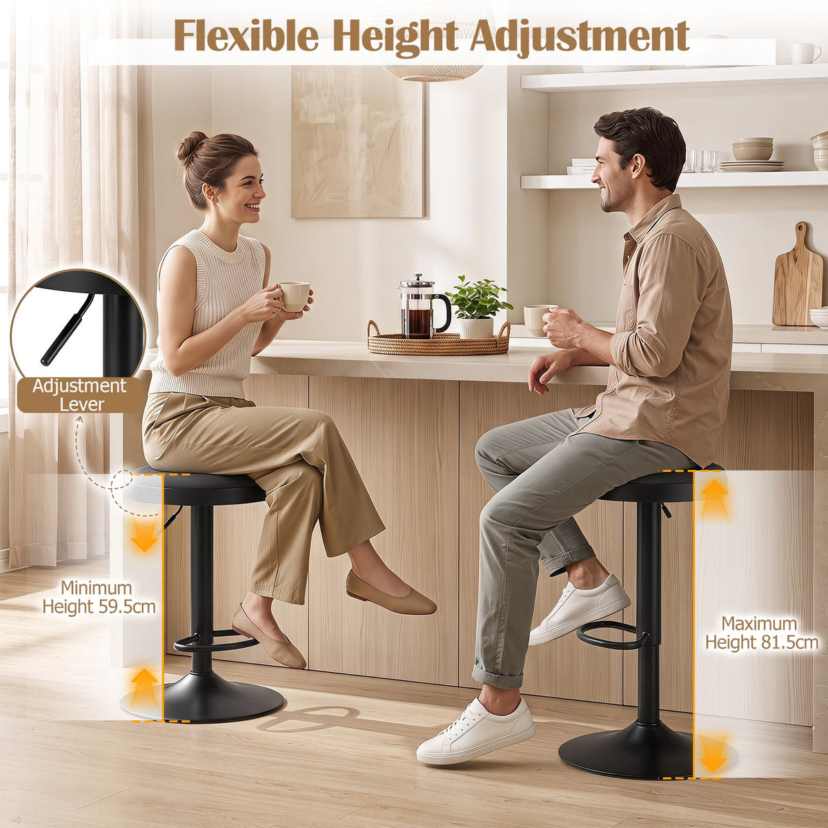 2 Piece Kitchen Bar Stool with Height Adjustment and D-Shaped Footrest-Black