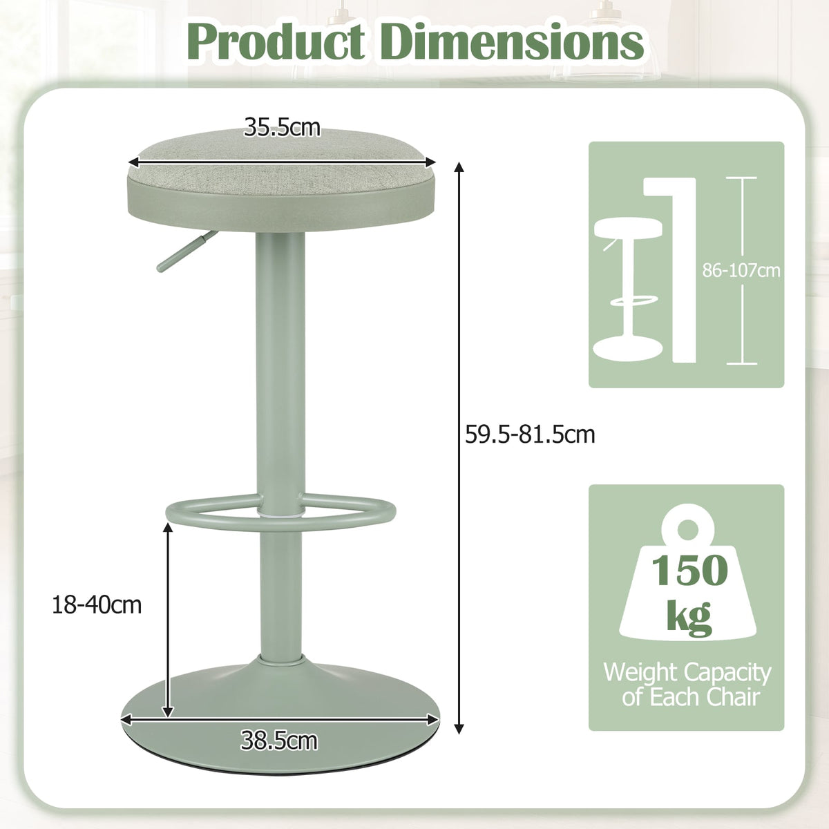 2 Piece Kitchen Bar Stool with Height Adjustment and D-Shaped Footrest-Green