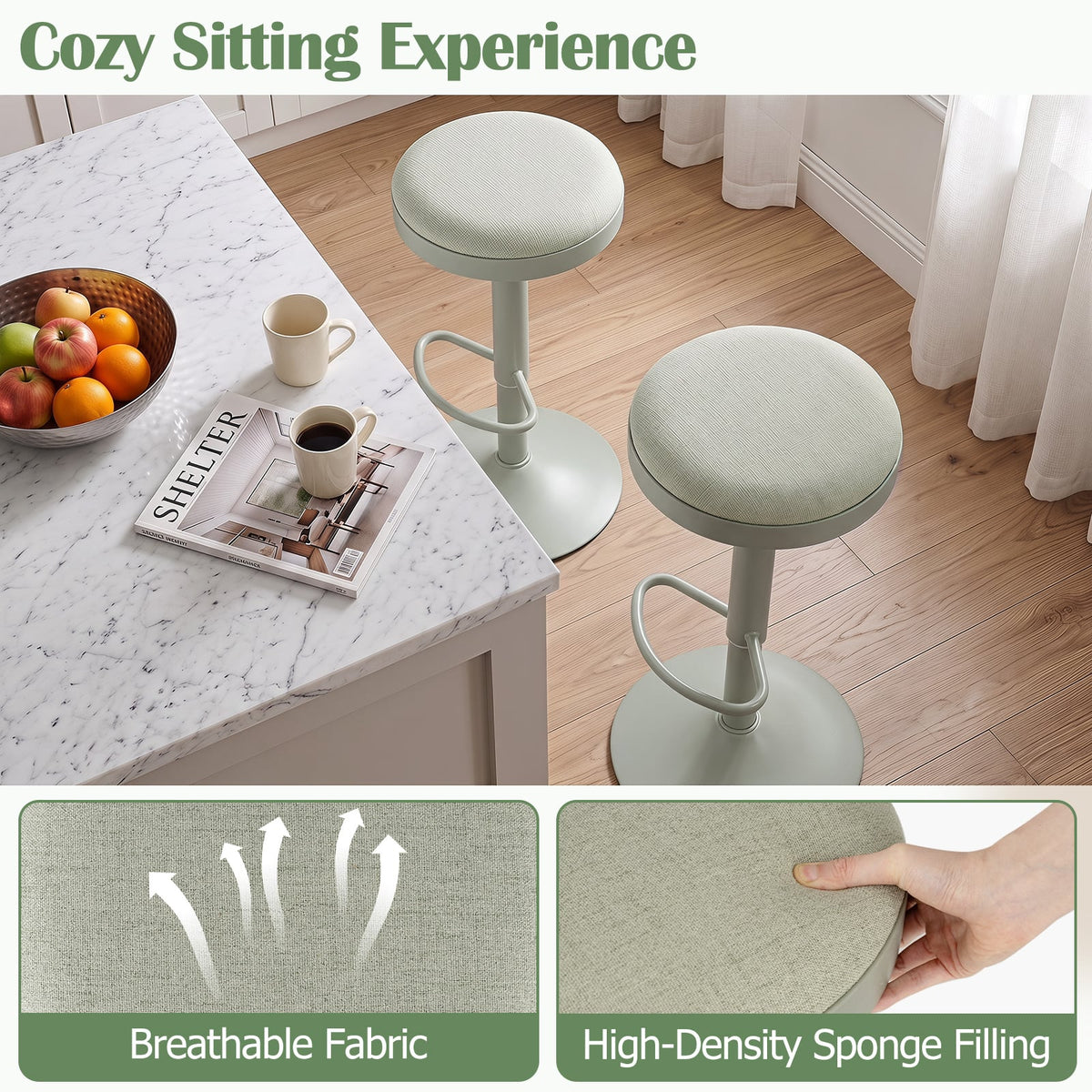 2 Piece Kitchen Bar Stool with Height Adjustment and D-Shaped Footrest-Green