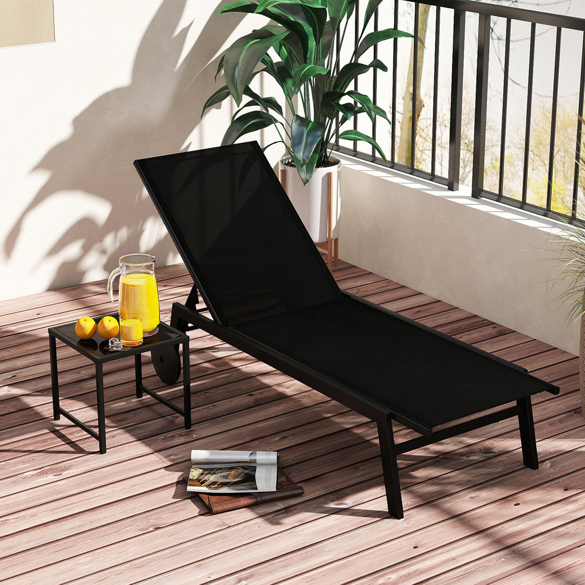 2-Piece Patio Chaise Lounge Set with Tempered Glass Table and Wheels-Black