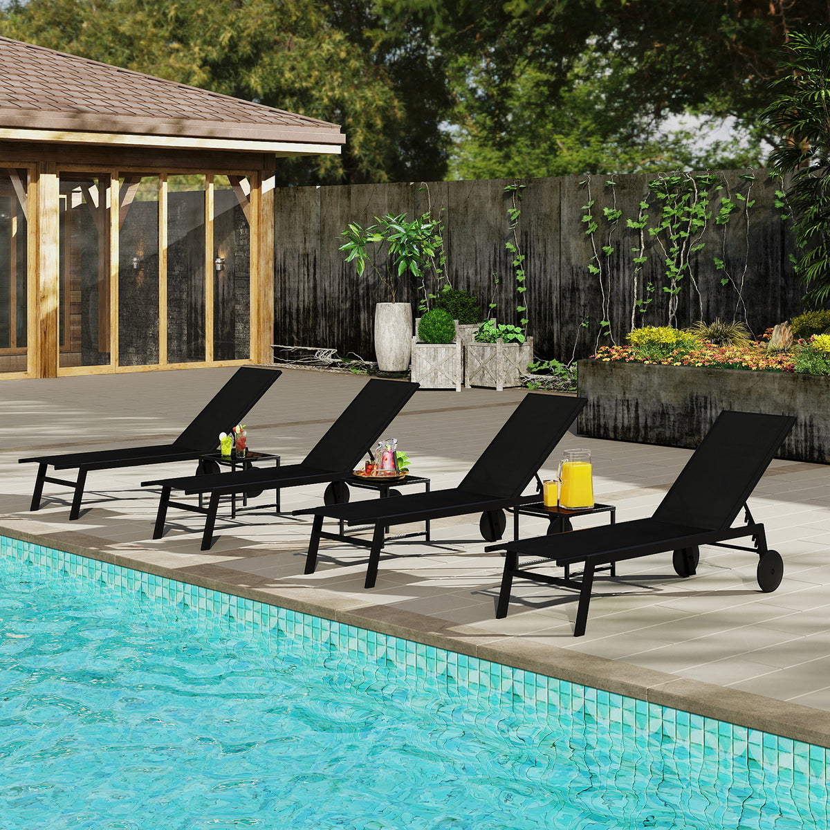 2-Piece Patio Chaise Lounge Set with Tempered Glass Table and Wheels-Black