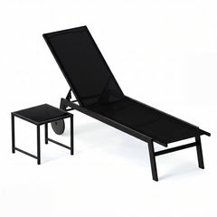 2-Piece Patio Chaise Lounge Set with Tempered Glass Table and Wheels-Black