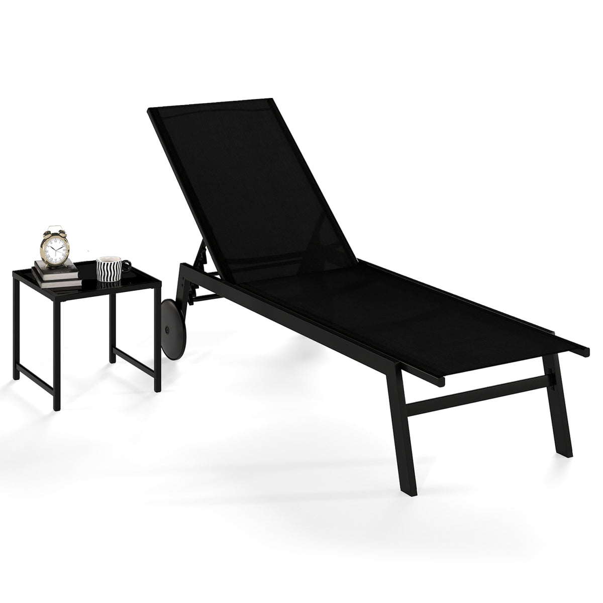 2-Piece Patio Chaise Lounge Set with Tempered Glass Table and Wheels-Black