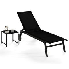 2-Piece Patio Chaise Lounge Set with Tempered Glass Table and Wheels-Black