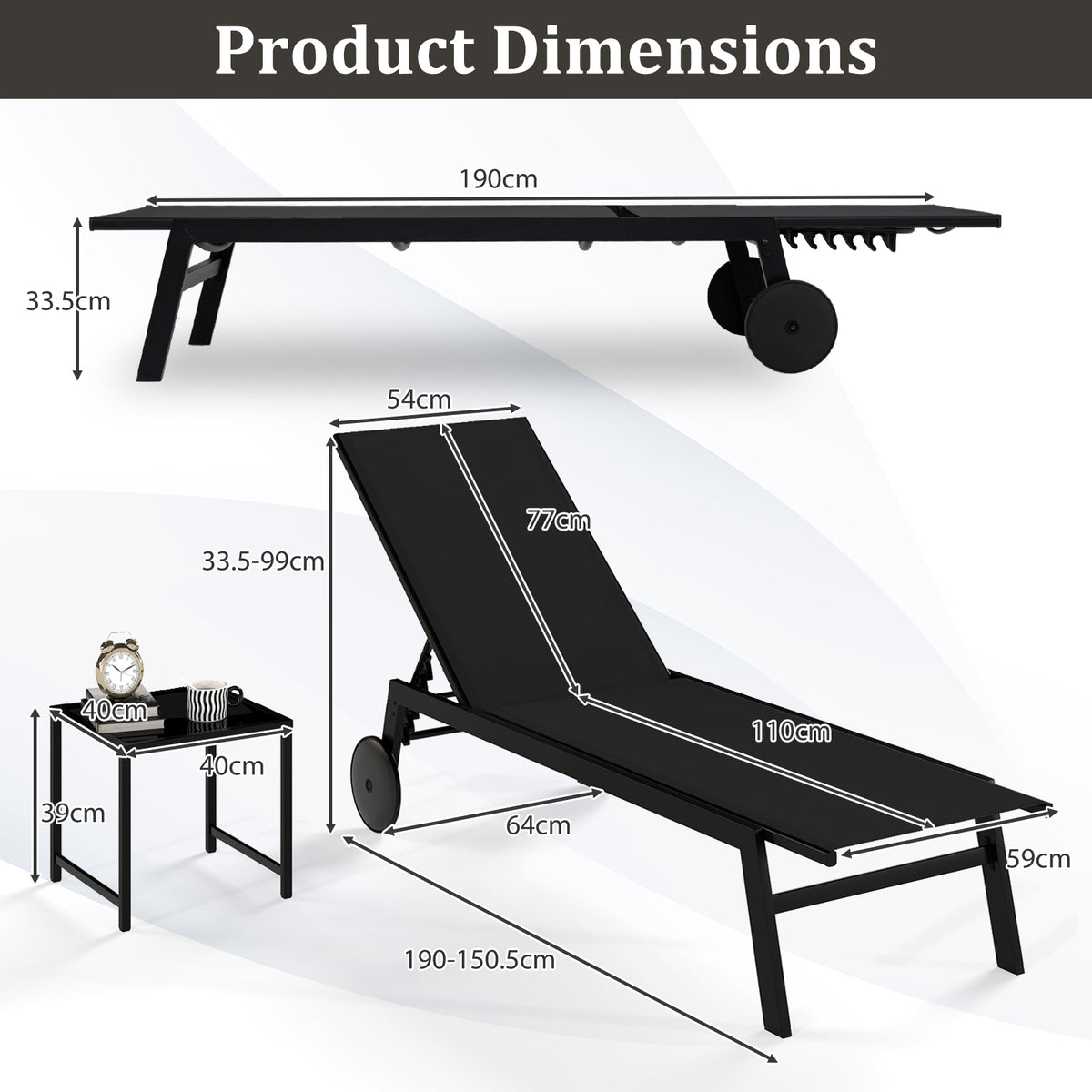 2-Piece Patio Chaise Lounge Set with Tempered Glass Table and Wheels-Black