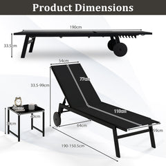2-Piece Patio Chaise Lounge Set with Tempered Glass Table and Wheels-Black