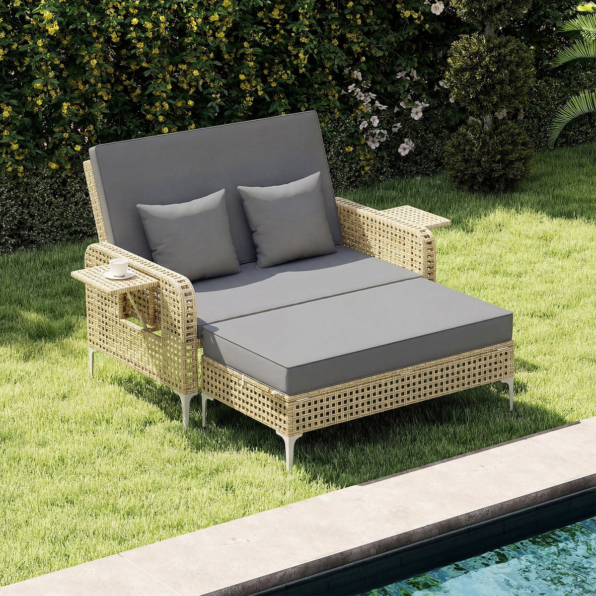 2-Piece Patio Daybed Set with Storage Ottoman-Grey