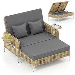 2-Piece Patio Daybed Set with Storage Ottoman-Grey