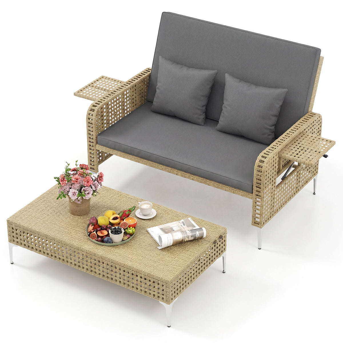 2-Piece Patio Daybed Set with Storage Ottoman-Grey