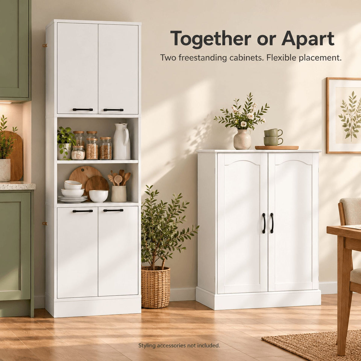2-Piece White Kitchen Pantry Cabinet Set with Adjustable Shelves