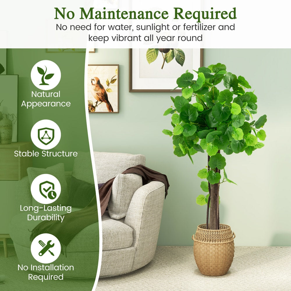 Artificial crabapple tree with text highlighting its natural appearance and durability