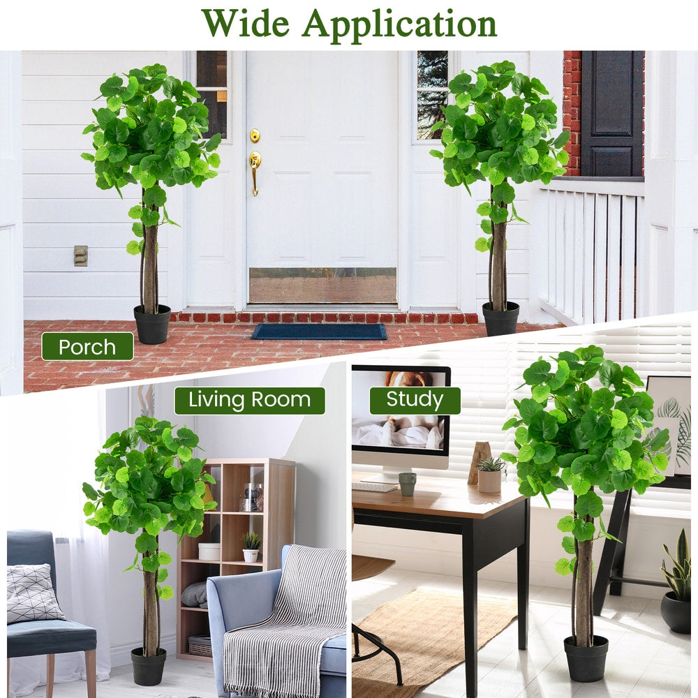 Collage showing artificial crabapple trees in various settings like porch, living room and study