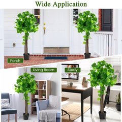 Collage showing artificial crabapple trees in various settings like porch, living room and study