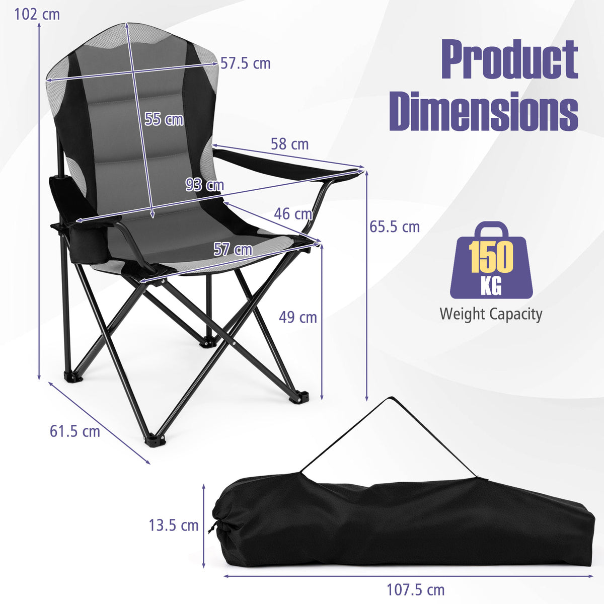 2 Pieces Folding Camping Chairs for Adults with Cup Holders-Black