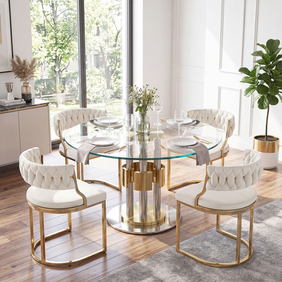 2 Pieces Velvet Dining Chairs with Curved Back and Metal Base-Beige