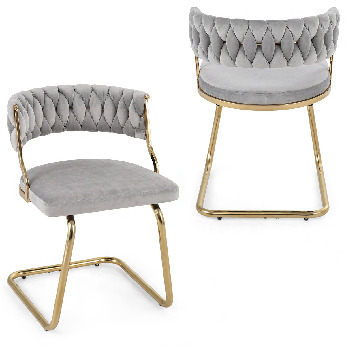 2 Pieces Velvet Dining Chairs with Curved Back and Sled Metal Base-Grey