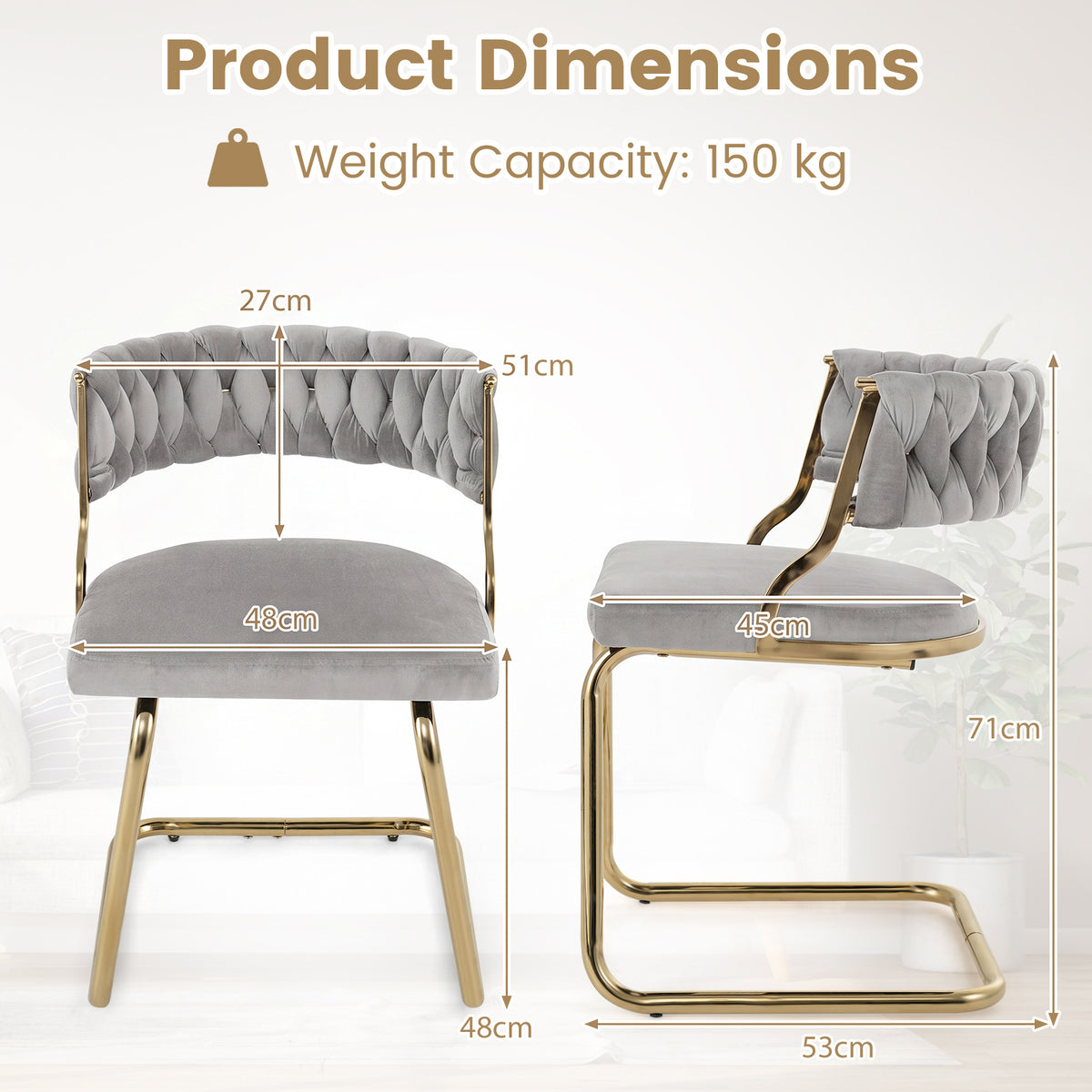2 Pieces Velvet Dining Chairs with Curved Back and Sled Metal Base-Grey