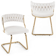2 Pieces Velvet Dining Chairs with Curved Back and Sled Metal Base-White