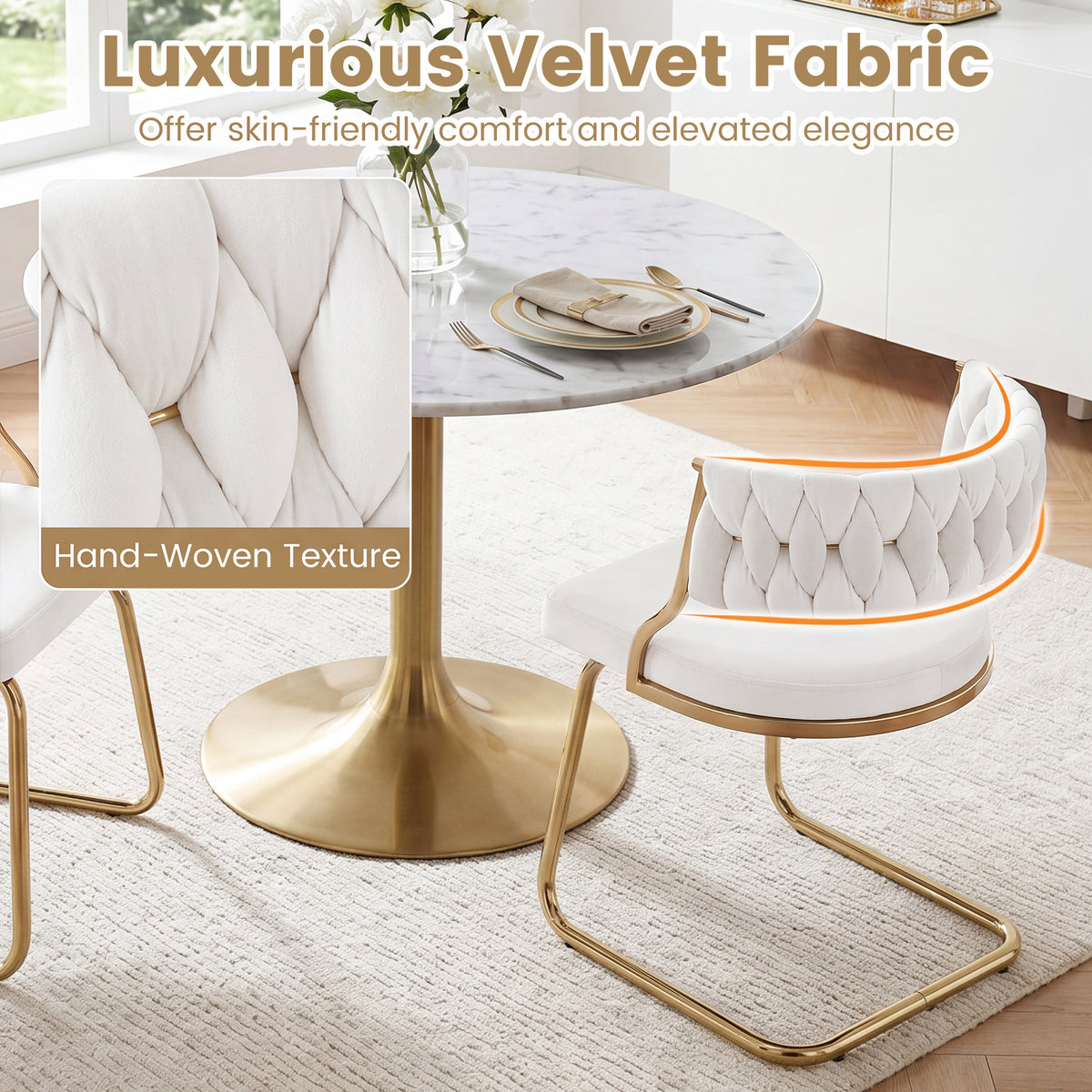 2 Pieces Velvet Dining Chairs with Curved Back and Sled Metal Base-White