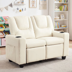 2-Seater Kids Recliner with Cup Holders & Storage Pockets and Adjustable Backrest-Beige
