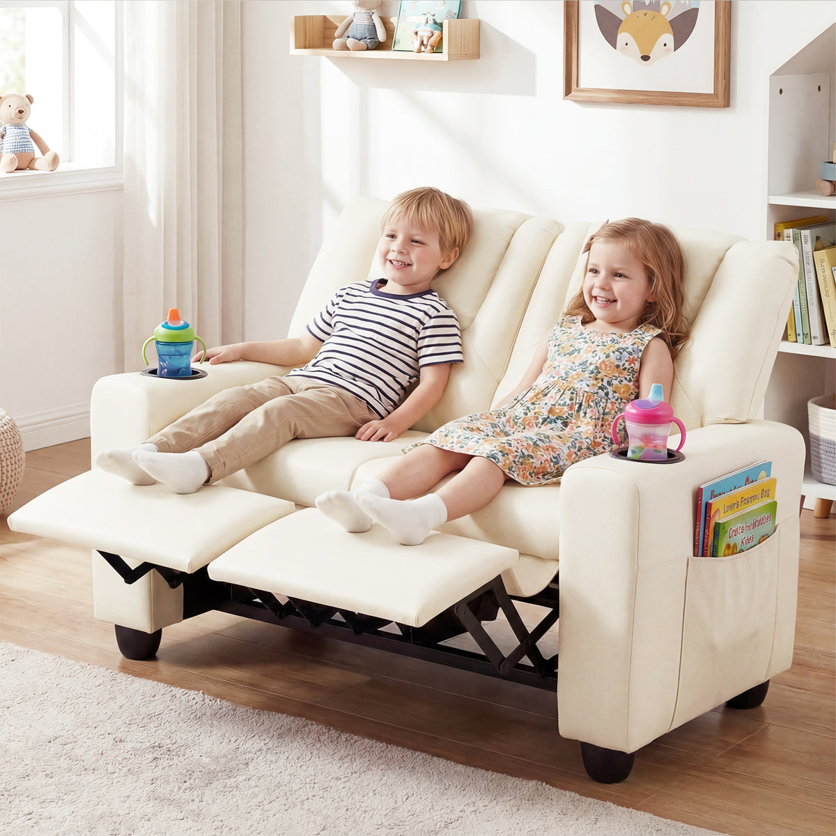 2-Seater Kids Recliner with Cup Holders & Storage Pockets and Adjustable Backrest-Beige