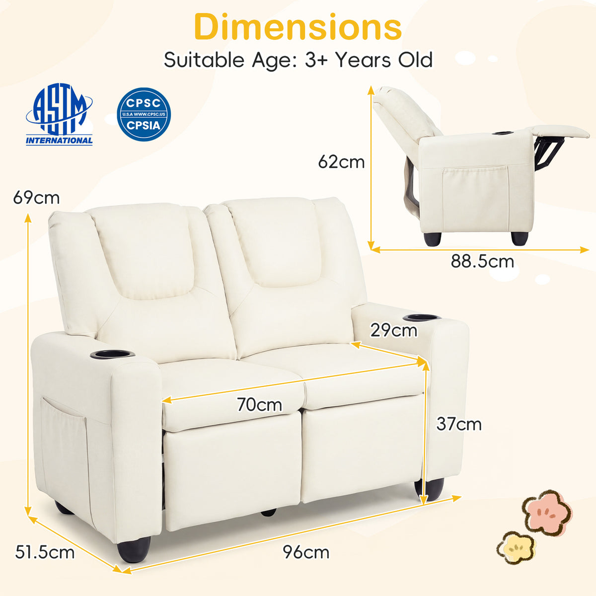 2-Seater Kids Recliner with Cup Holders & Storage Pockets and Adjustable Backrest-Beige