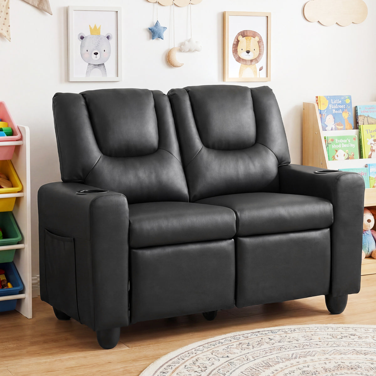 2-Seater Kids Recliner with Cup Holders & Storage Pockets and Adjustable Backrest-Black