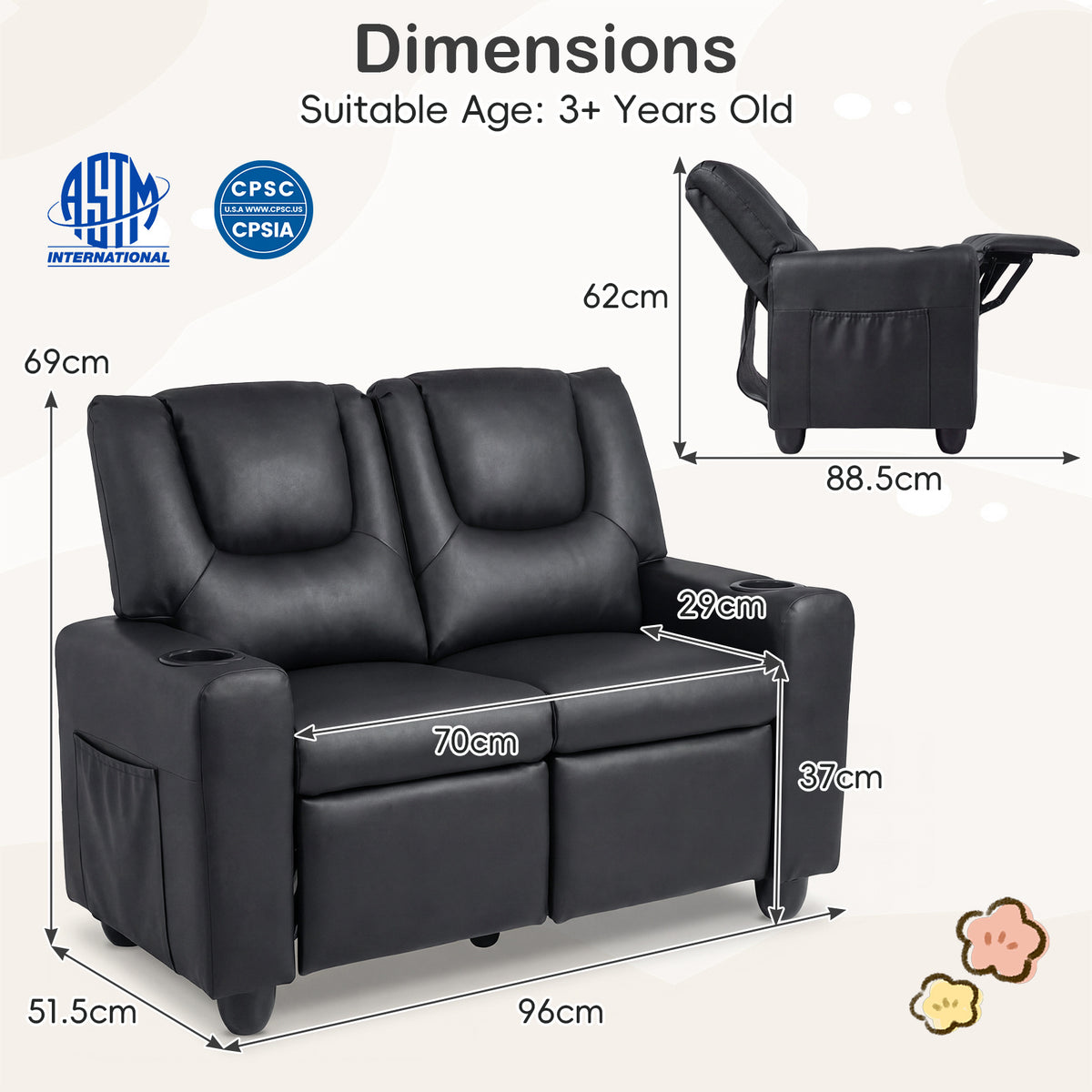 2-Seater Kids Recliner with Cup Holders & Storage Pockets and Adjustable Backrest-Black