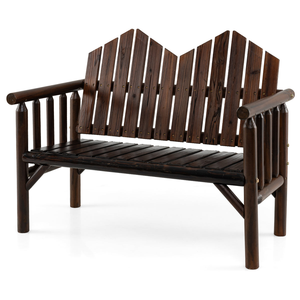 2-Seater Patio Bench Solid Wood Loveseat with Inclined Backrest and Armrests-Dark Brown