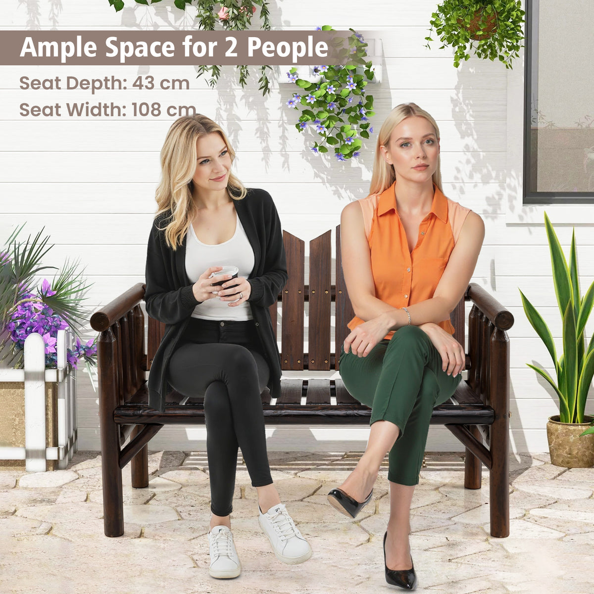 2-Seater Patio Bench Solid Wood Loveseat with Inclined Backrest and Armrests-Dark Brown