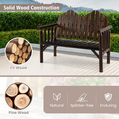 2-Seater Patio Bench Solid Wood Loveseat with Inclined Backrest and Armrests-Dark Brown