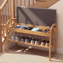 2-Tier Bamboo Shoe Bench with Storage with Padded Cushion and Shelf-Grey