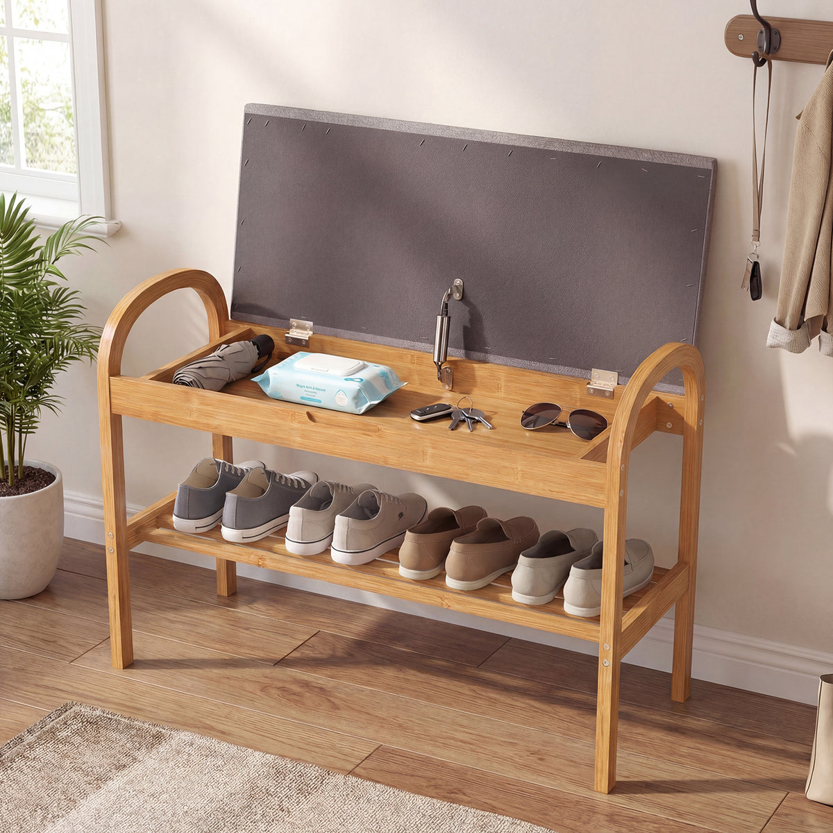2-Tier Bamboo Shoe Bench with Storage with Padded Cushion and Shelf-Grey