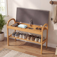 2-Tier Bamboo Shoe Bench with Storage with Padded Cushion and Shelf-Grey