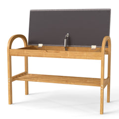 2-Tier Bamboo Shoe Bench with Storage with Padded Cushion and Shelf-Grey