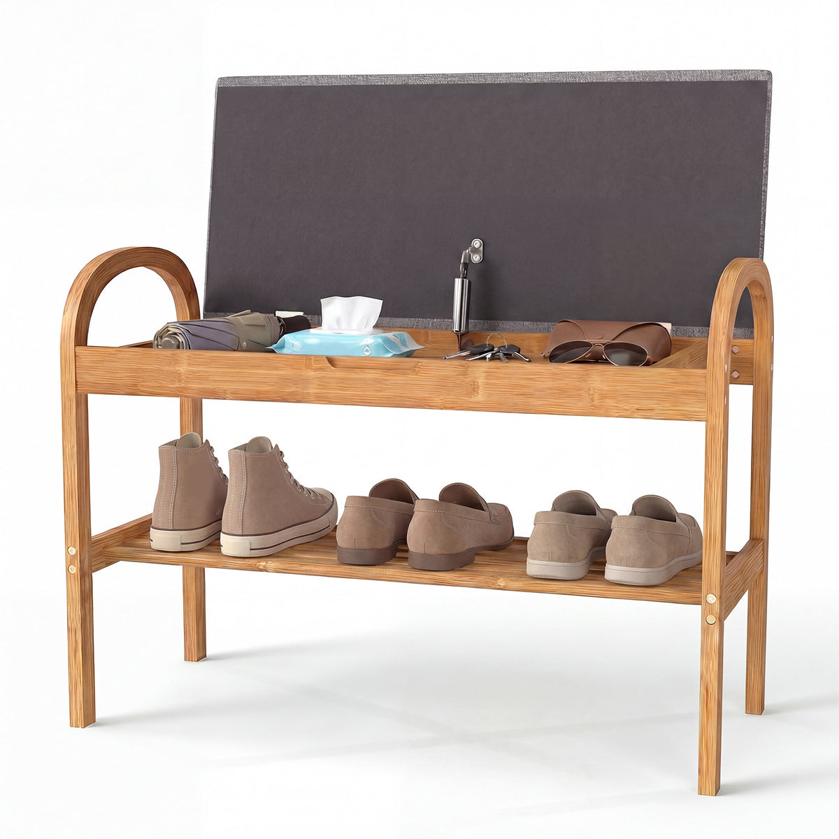 2-Tier Bamboo Shoe Bench with Storage with Padded Cushion and Shelf-Grey
