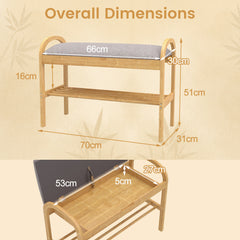 2-Tier Bamboo Shoe Bench with Storage with Padded Cushion and Shelf-Grey