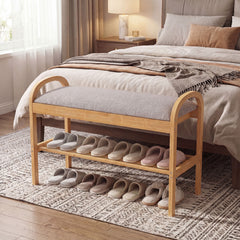 2-Tier Bamboo Shoe Bench with Storage with Padded Cushion and Shelf-Grey