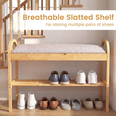 2-Tier Bamboo Shoe Bench with Storage with Padded Cushion and Shelf-Grey