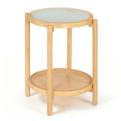 2-Tier Boho End Table with Tempered Glass Top for Living Room-Natural