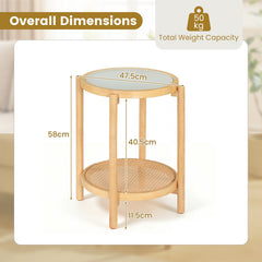 2-Tier Boho End Table with Tempered Glass Top for Living Room-Natural