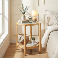 2-Tier Boho End Table with Tempered Glass Top for Living Room-Natural