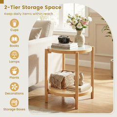 2-Tier Boho End Table with Tempered Glass Top for Living Room-Natural