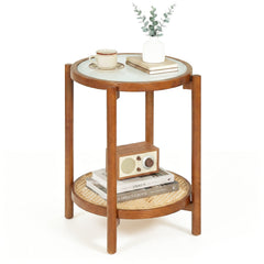 2-Tier Boho End Table with Tempered Glass Top for Living Room-Walnut