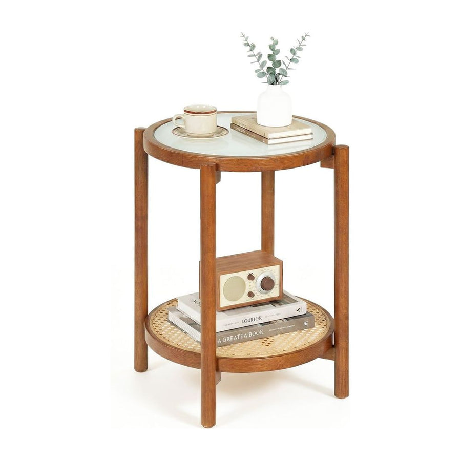 2-Tier Boho End Table with Tempered Glass Top for Living Room-Walnut