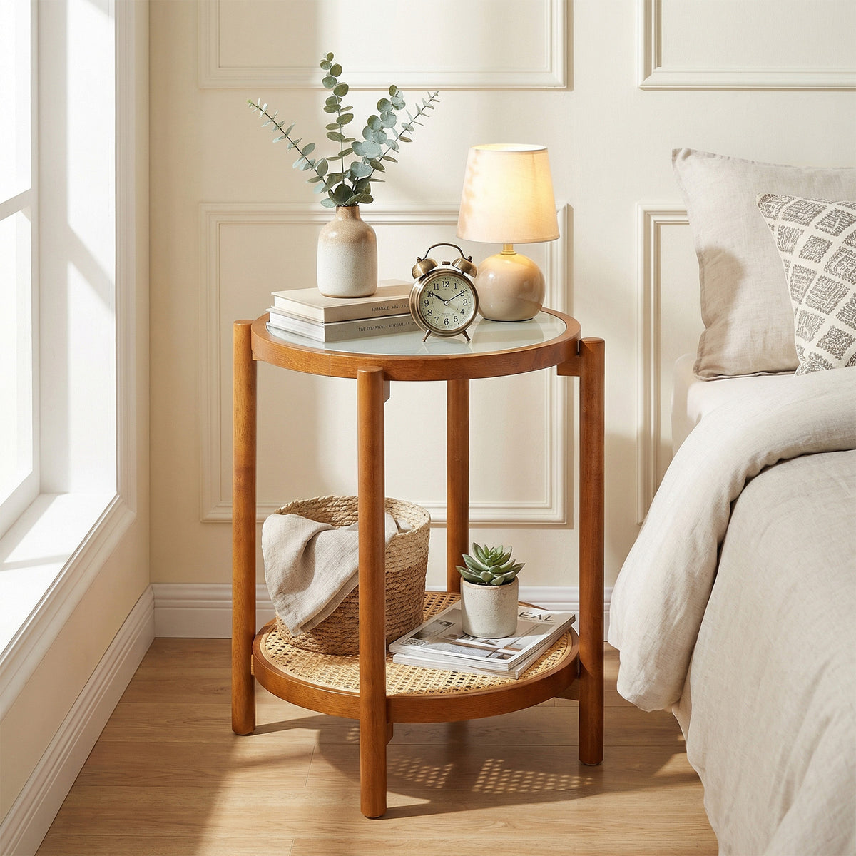 2-Tier Boho End Table with Tempered Glass Top for Living Room-Walnut