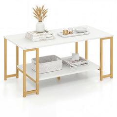 2-Tier Coffee Table Modern Accent Table with Open Storage Shelf Center Table-White