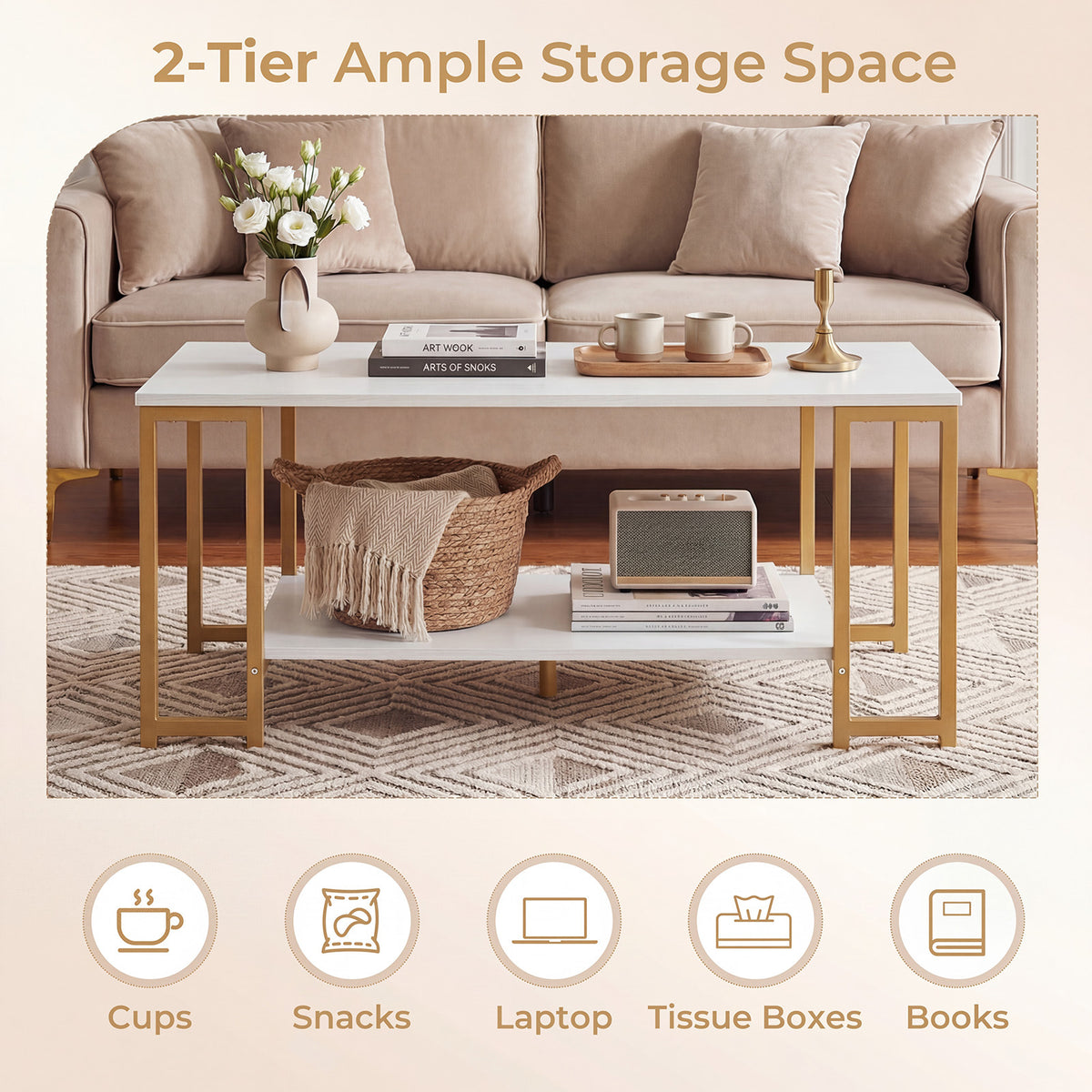 2-Tier Coffee Table Modern Accent Table with Open Storage Shelf Center Table-White